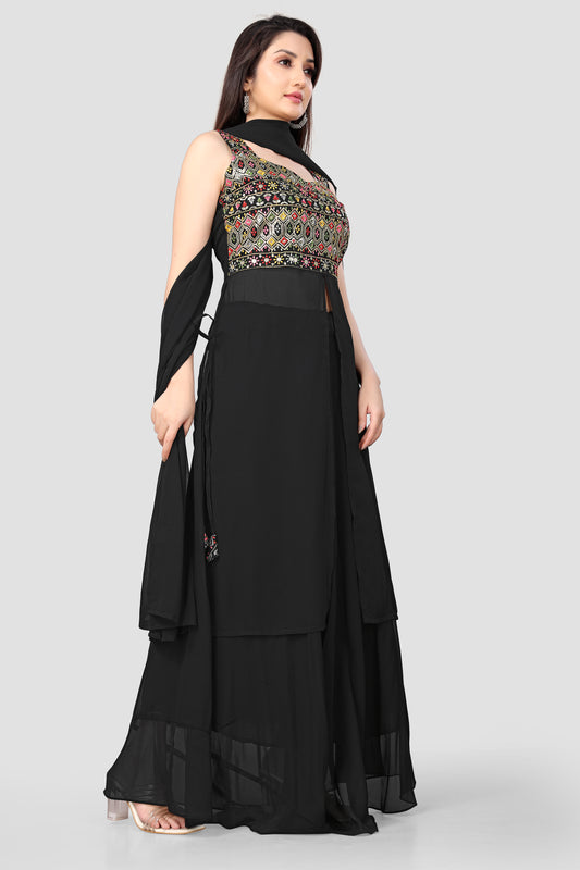 Stylish Black Embroidered Georgette Kurta Set with Dupatta