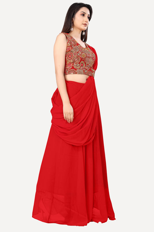 Women's Ethnic Red Drape Saree with Printed Blouse and Waist Belt