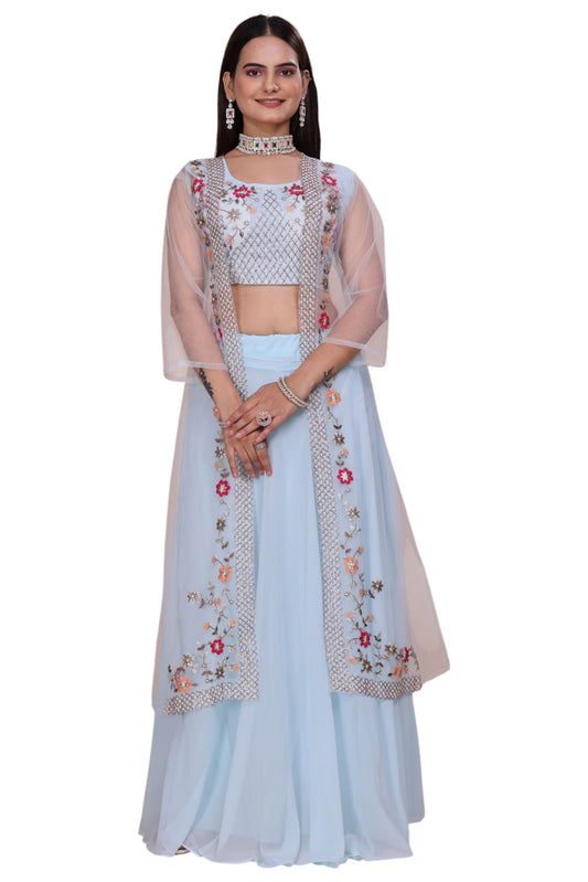 Emerald Green Embroidered Indo-Western Set with Sheer Long Jacket