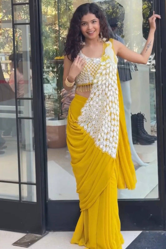 Sunshine Yellow Ready-to-Wear Draped Saree with Pearl & Sequin Work Blouse