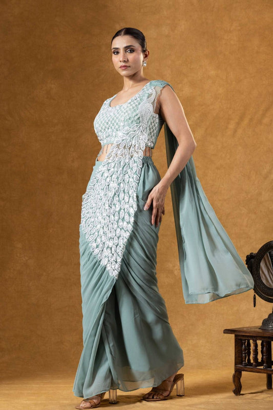 Elegant Sea-Green Ready-to-Wear Draped Saree with Intricate Embroidered Blouse