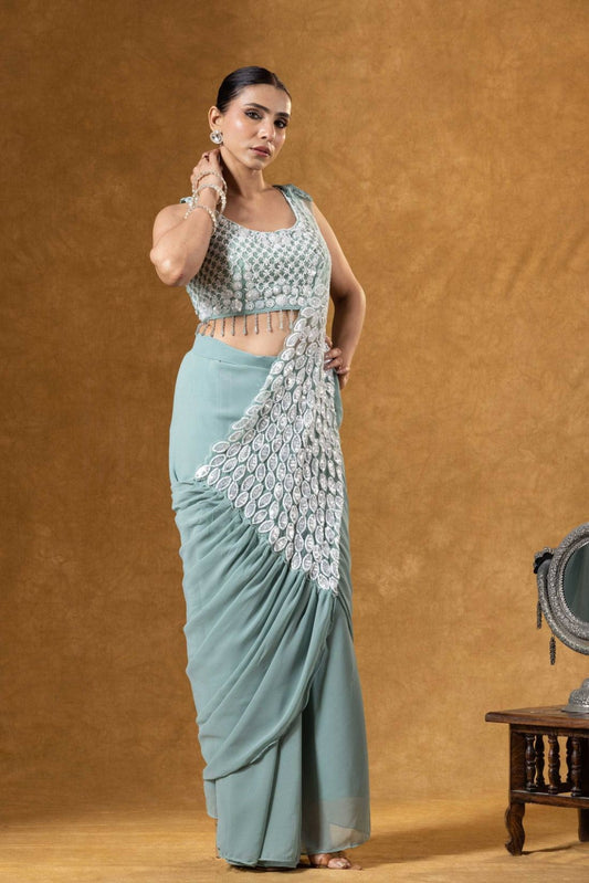 Elegant Sea-Green Ready-to-Wear Draped Saree with Intricate Embroidered Blouse