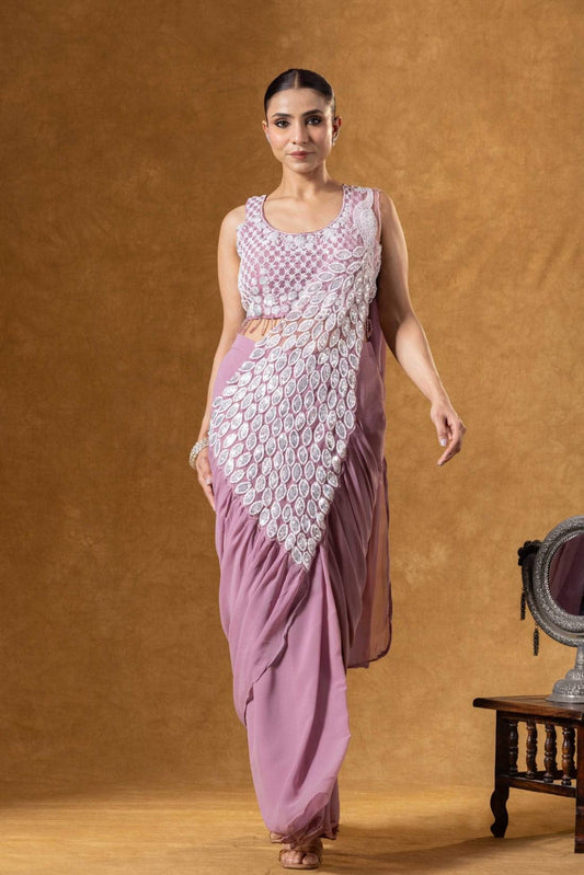 Mauve Lavender Ready-to-Wear Draped Saree with Sequin Leaf Embroidery